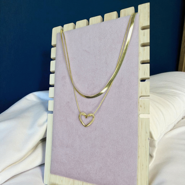 Delicate Gold Herringbone Chain Necklace with Heart Double Chain