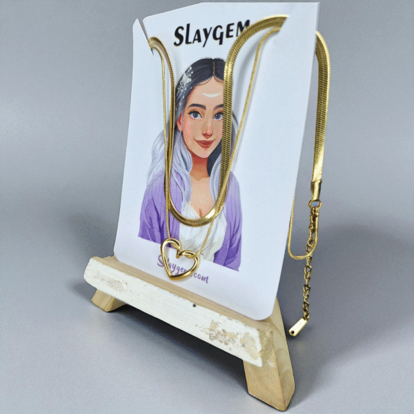 Delicate Gold Herringbone Chain Necklace with Heart Double Chain - Image 3