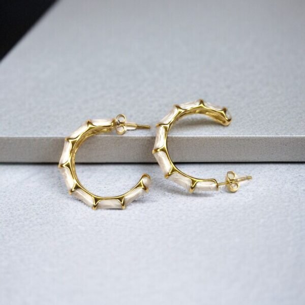 Gold Bamboo Hoop Earrings with Faux Mother-of-Pearl - Image 3