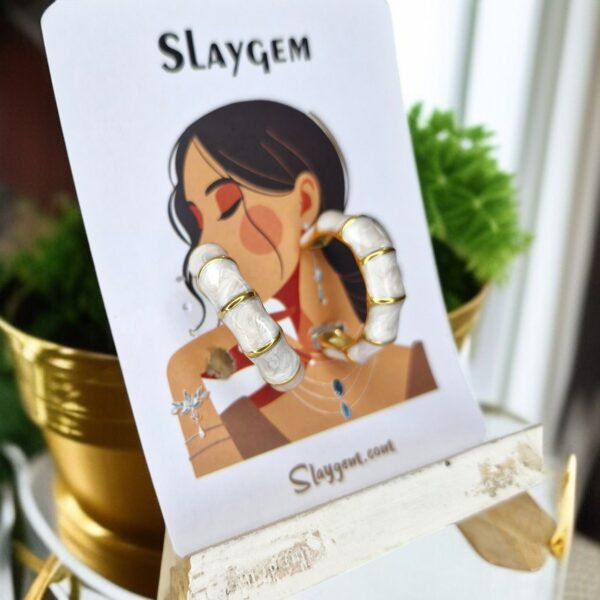 Gold Bamboo Hoop Earrings with Faux Mother-of-Pearl - Image 4