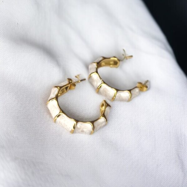 Gold Bamboo Hoop Earrings with Faux Mother-of-Pearl - Image 2
