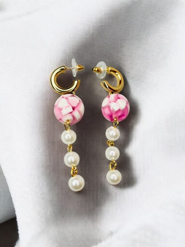 Gold Hoop Pearl & Pink Stone Drop Earrings