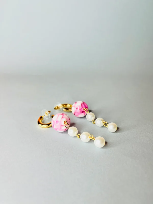 Gold Hoop Pearl & Pink Stone Drop Earrings - Image 2