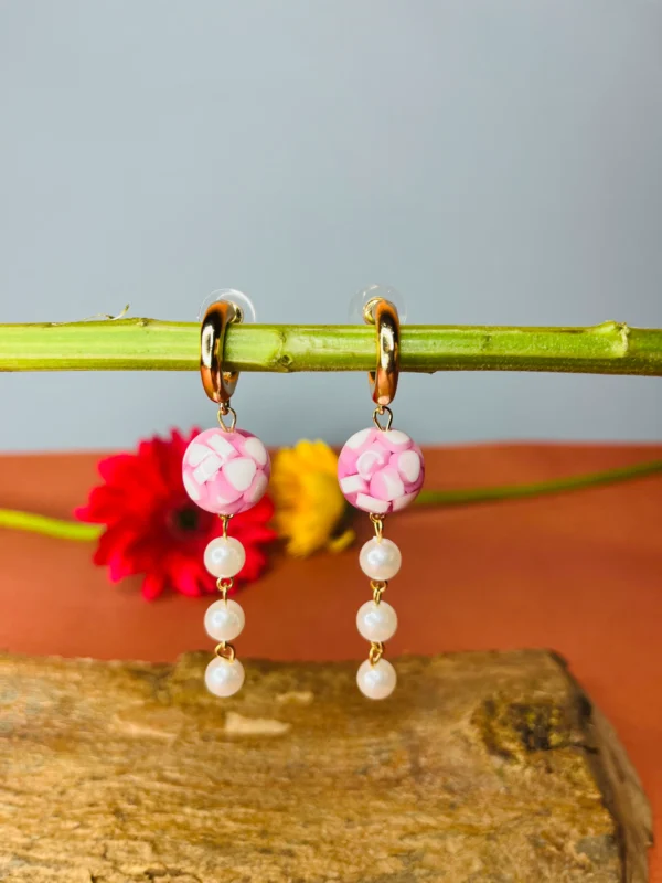 Gold Hoop Pearl & Pink Stone Drop Earrings - Image 3