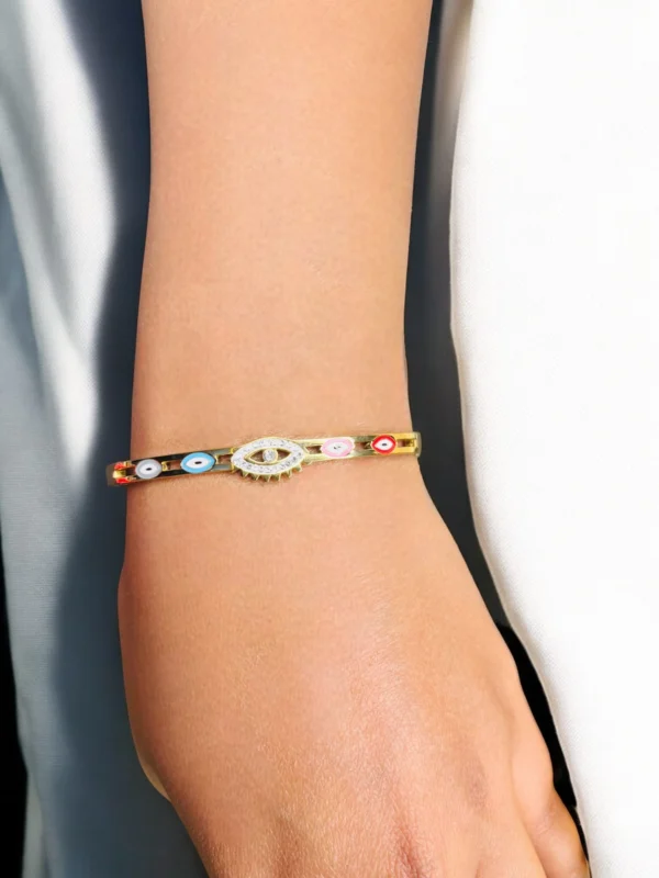 Gold Evil Eye Cuff Bracelet with Enamel & Crystals