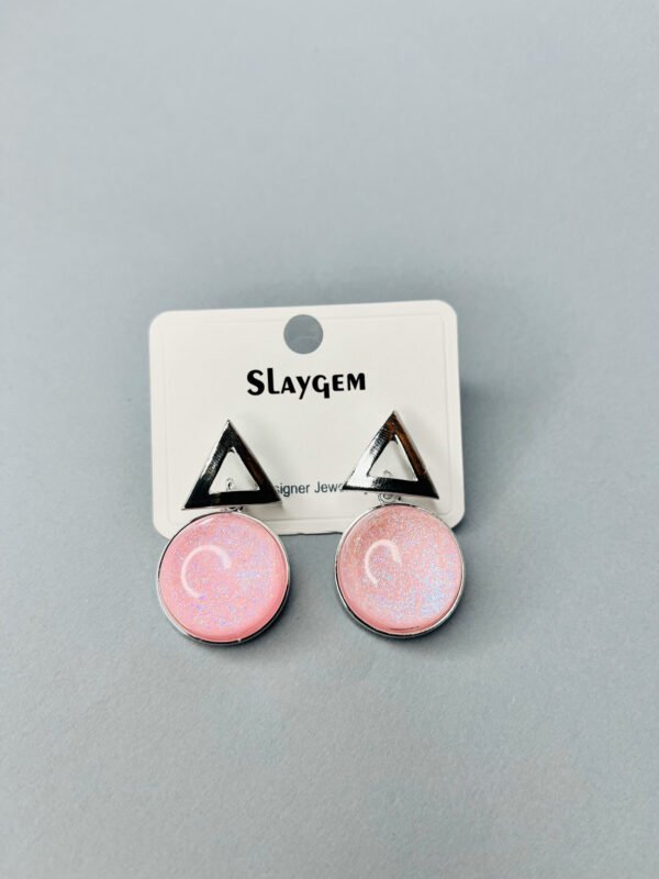 Silver Triangle & Pink Opal Stud Earrings - Image 2