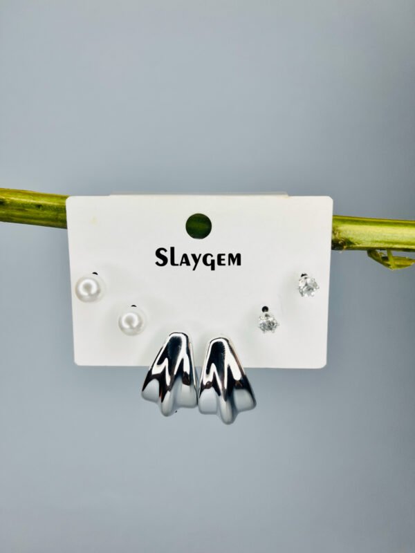 Silver Geometric Stud Earring Set - Image 3