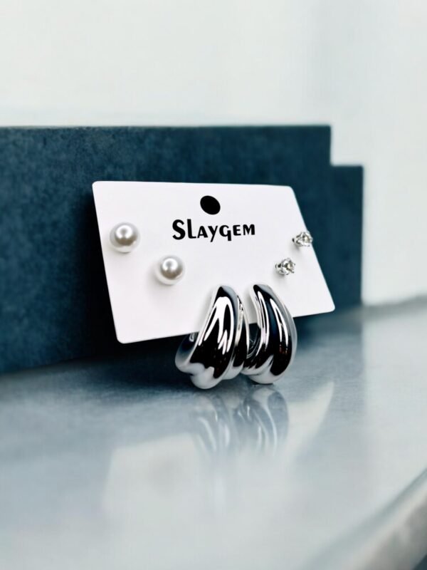 Silver Geometric Stud Earring Set - Image 2