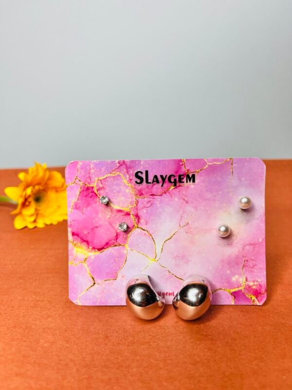 Elegant Silver & Pearl Earring Set (3 Pairs) - Image 2