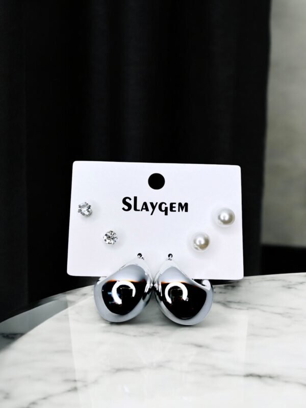 Elegant Silver & Pearl Earring Set (3 Pairs)