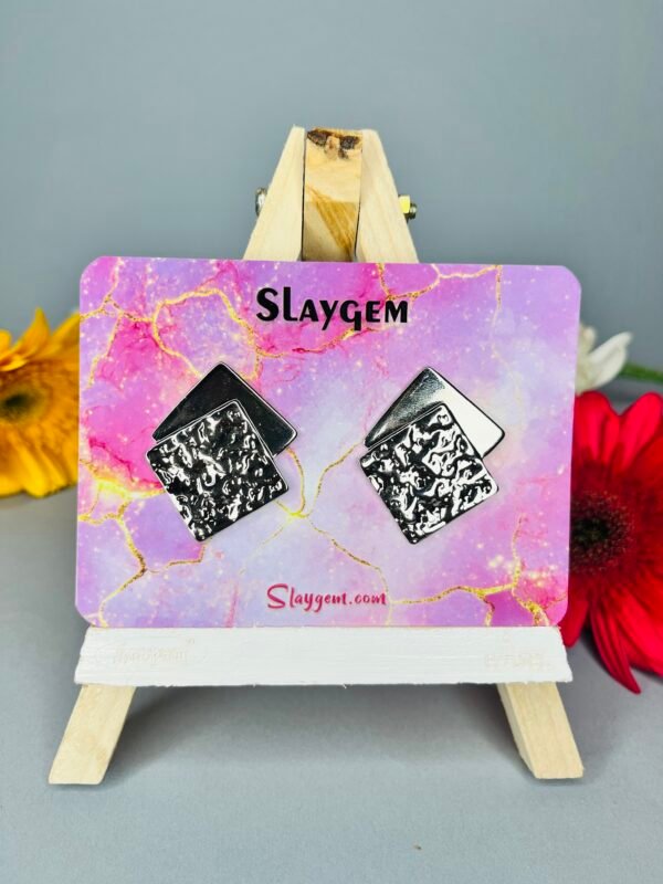 Slaygem Silver Textured Square Earrings - Image 4