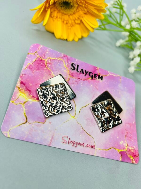 Slaygem Silver Textured Square Earrings - Image 3