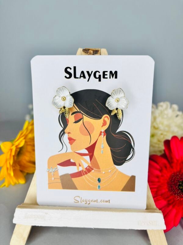 White Enamel Floral Stud Earrings - Image 4