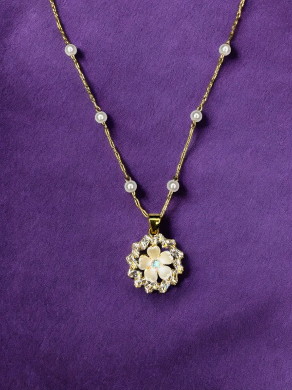 Crystal Flower & Pearl Accent Necklace - Image 2