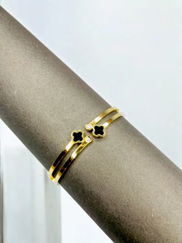 Gold Double Band Clover Cuff Bracelet - Image 2