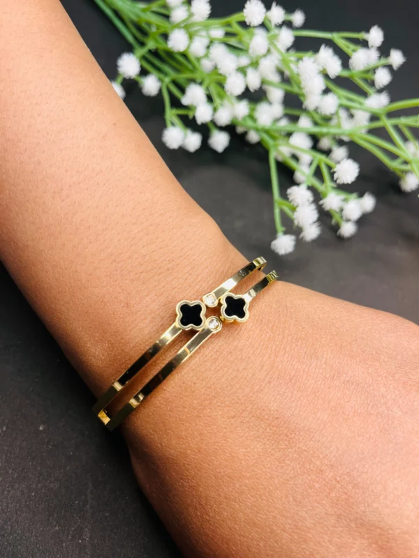 Gold Double Band Clover Cuff Bracelet - Image 3