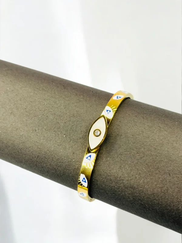 Gold Evil Eye Cuff Bracelet with White Enamel - Image 5