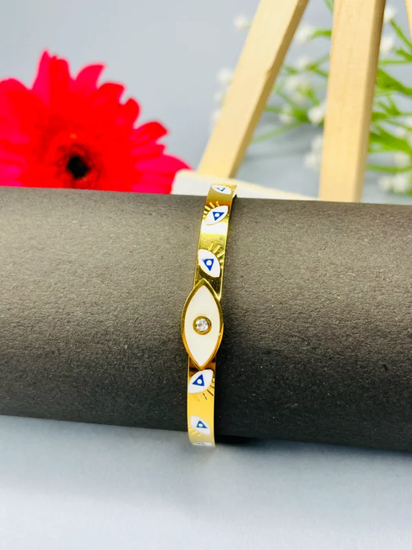 Gold Evil Eye Cuff Bracelet with White Enamel - Image 3