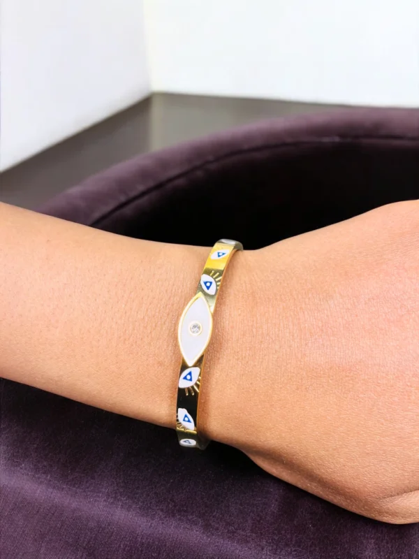 Gold Evil Eye Cuff Bracelet with White Enamel